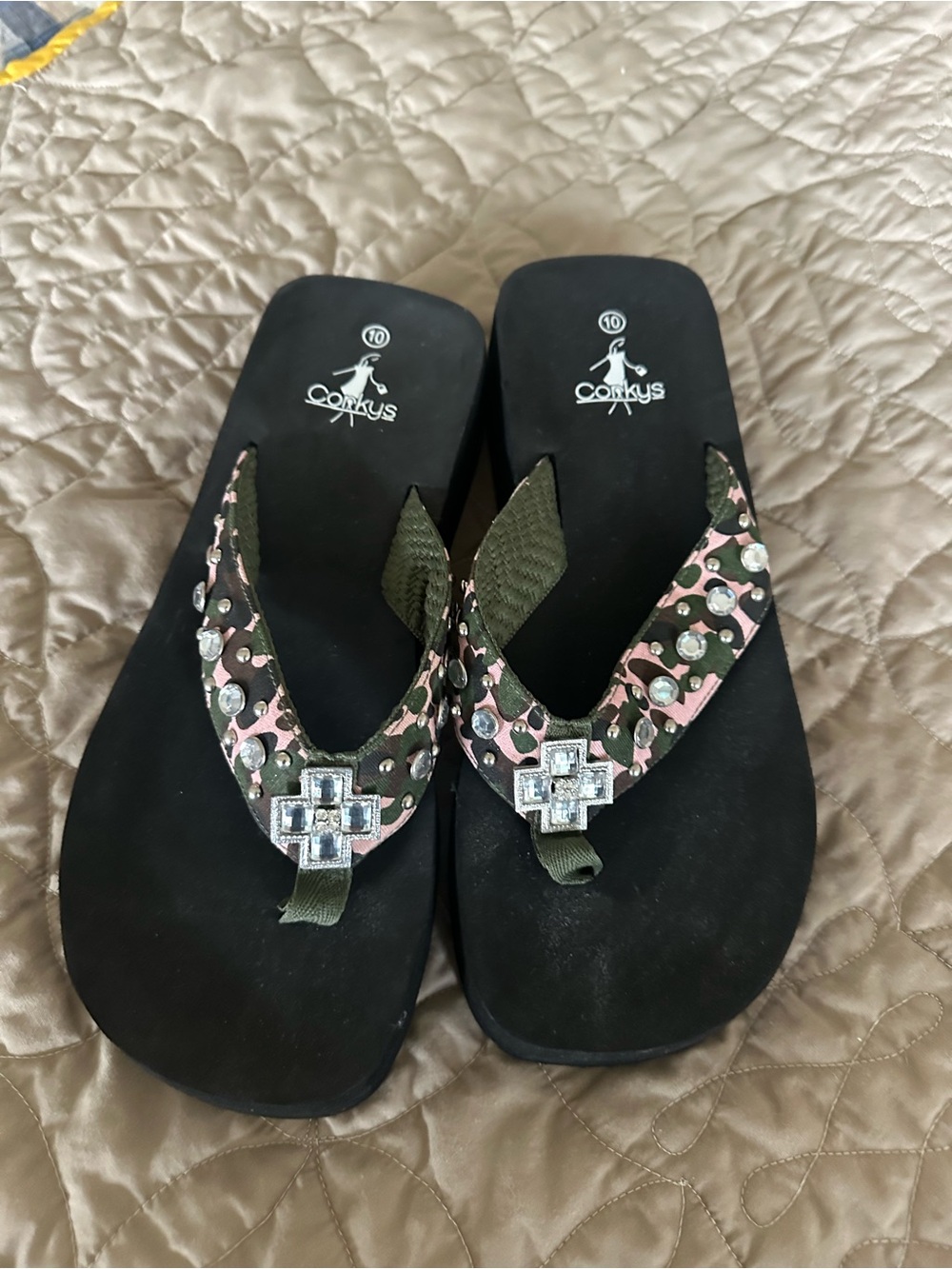 Corkys Black Flip Flop Sandals with Pink & Olive Accent Straps